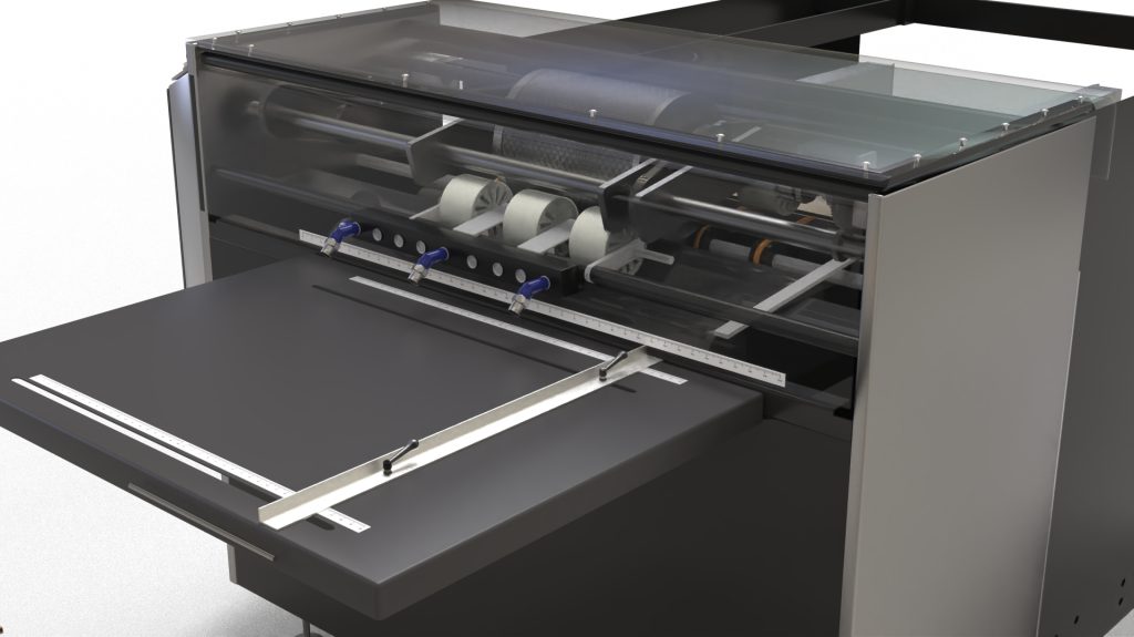 Corrugated box printer with rollers and adjustable sheet guides