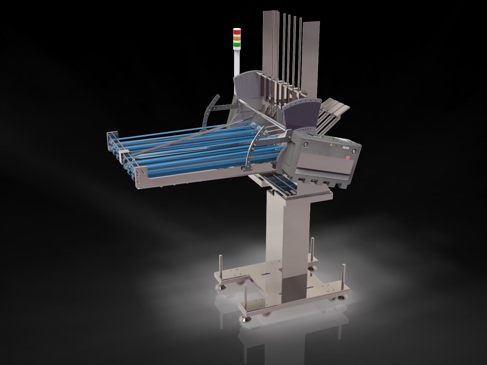 High-speed product feeder with adjustable belts for precise material handling in automated printing lines