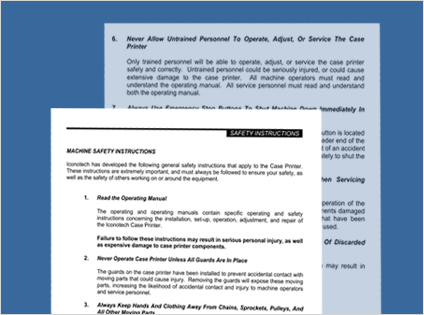 Iconotech machine safety instructions for case printer operation and personnel safety