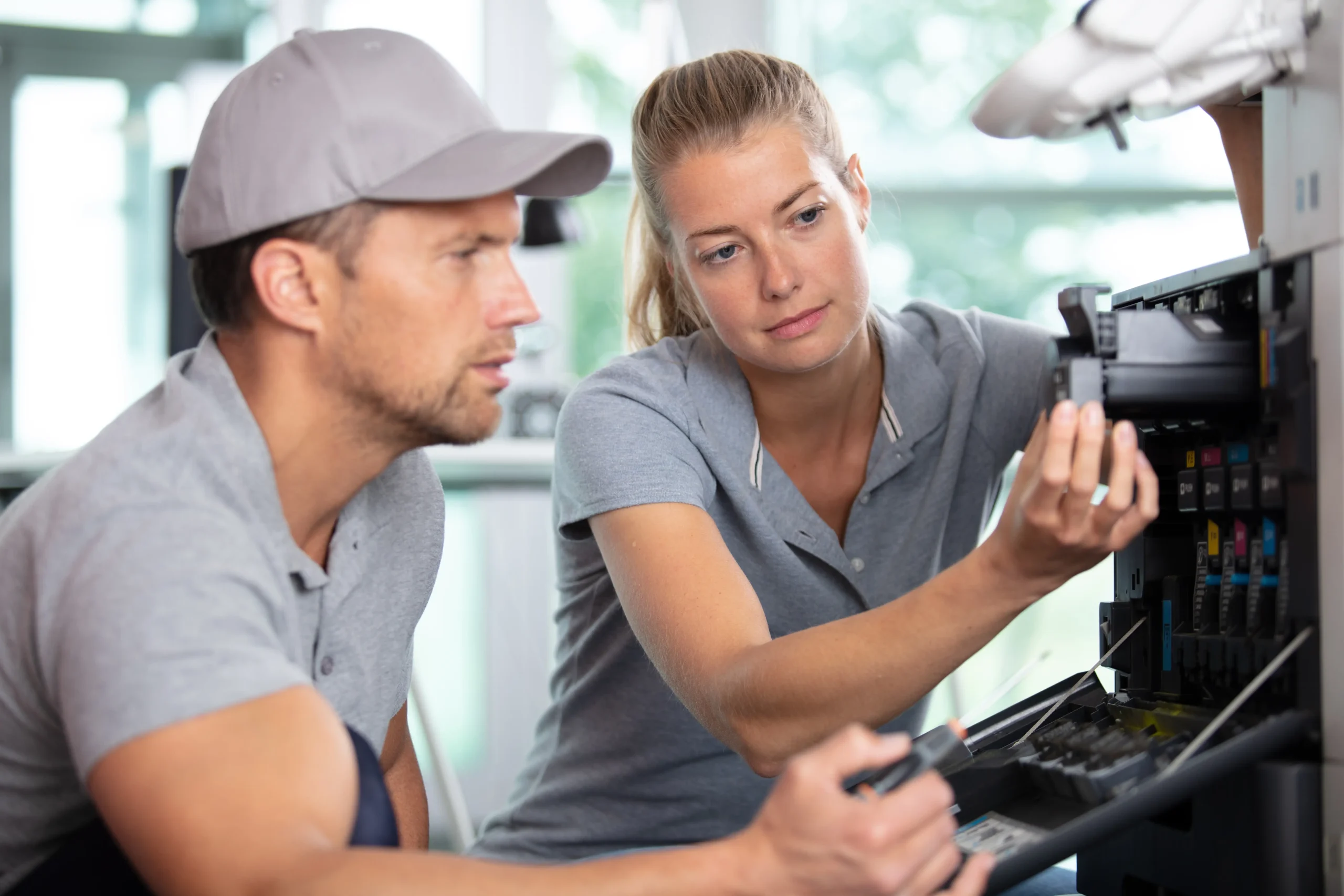 Two technicians repairing a large printer or copier machine.